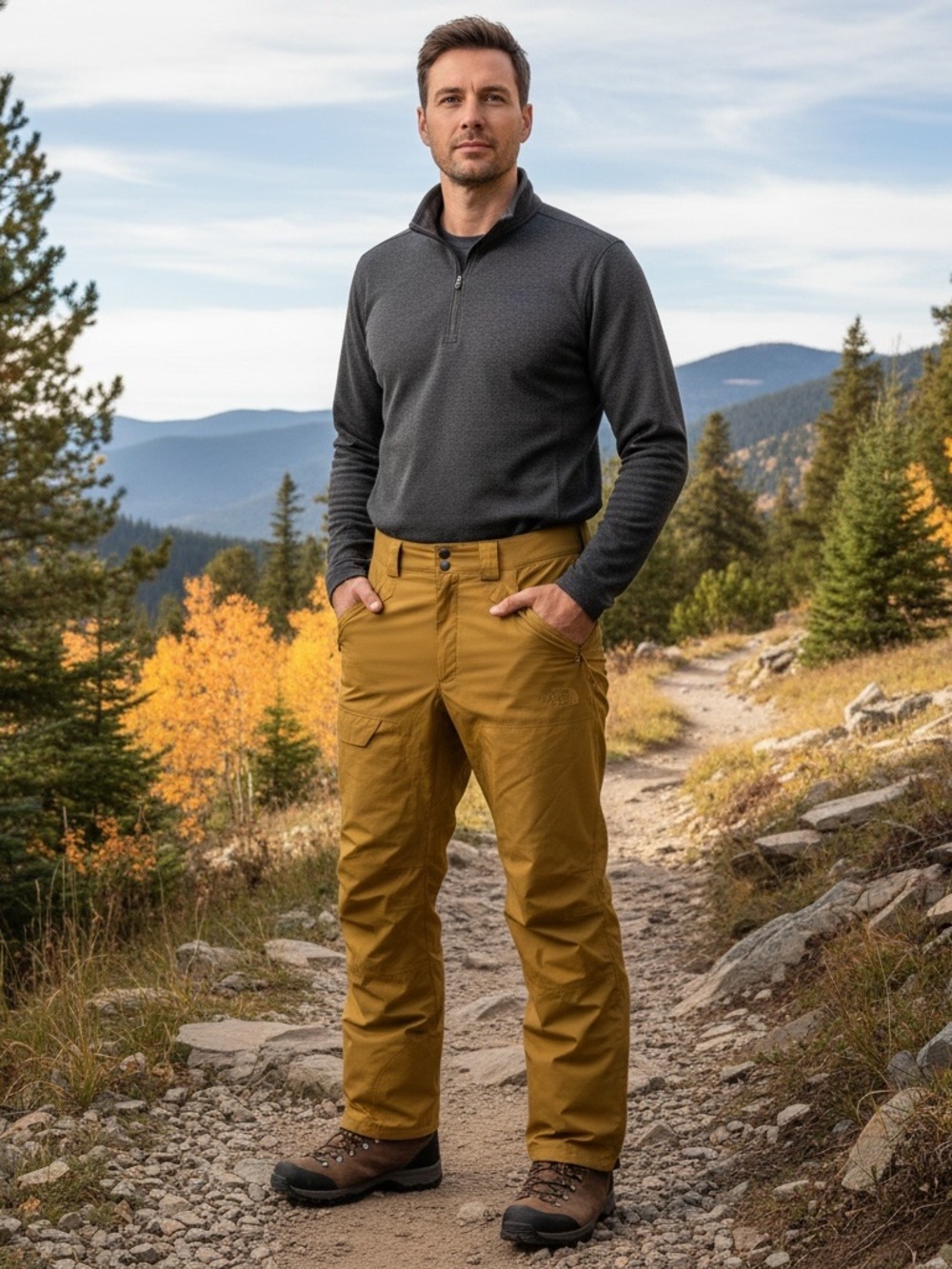 The North Face Men's Freedom insulated snow pants in a golden yellow color.